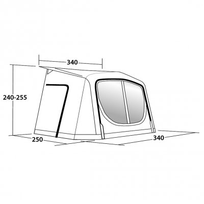 Måttskiss för förtältet Outwell Cove 340A.