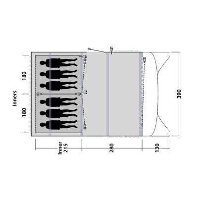 Planlösning för familjetältet Outwell Avondale 6PA