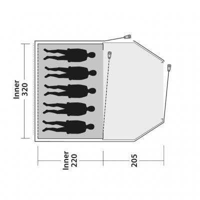 Planløsning for 5-manns teltet Outwell Earth 5.