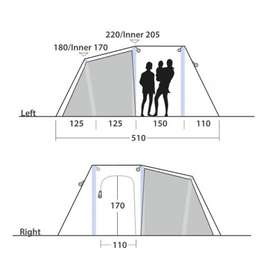 Høydemål for familieteltet Outwell Montana 4 Air.