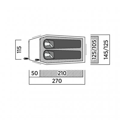 Reindal 2 tunneltelt plantegning med mål, som viser innertelt, vestibyle og totalstørrelse.