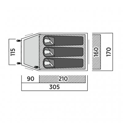 Setesdal 3 kuppeltelt diagonalt fra siden med åpen dør, viser inngang, vestibyle og ventilasjon.