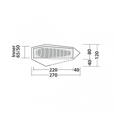 Tältets planlösning med sovkabin, en mindre absid för packning.