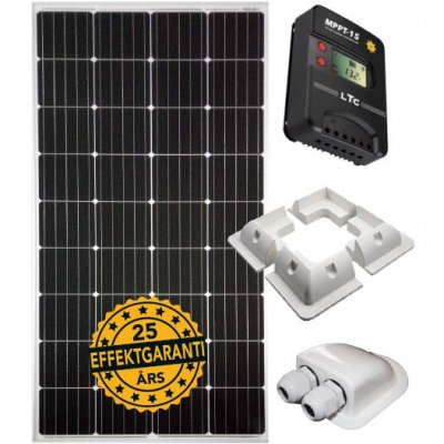 Kit med 15 amp MPPT regulator monteringstillbehör samt en 160W solcell