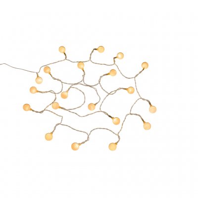 20 st LED-lampor med ljusstyrka på 50 Lumen som drivs med antingen USB eller 3 x AA-Batterier. Ljusslingan är 285 cm lång