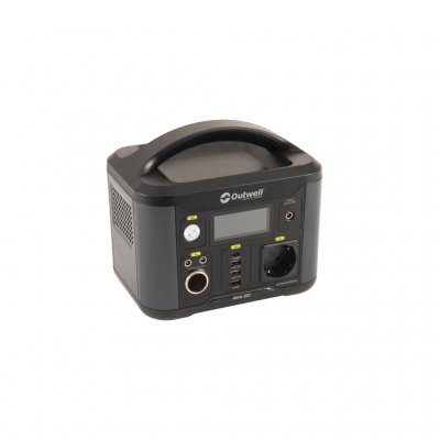 Outwell Akira 300 Power Station med 230V, USB, USB-C och 12V uttag för camping, stuga eller friluftsliv.