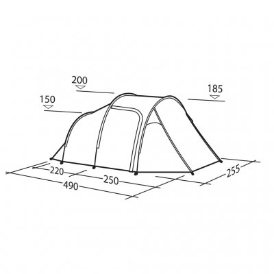 Målskisse for Robens Cima Versa 4 – viser høyde, bredde og lengde for god oversikt over teltets plass.
