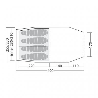 Plantegning av Robens Cima Versa 4 – viser teltets inndeling med soveområde og fortelt for smart pakking og komfort.