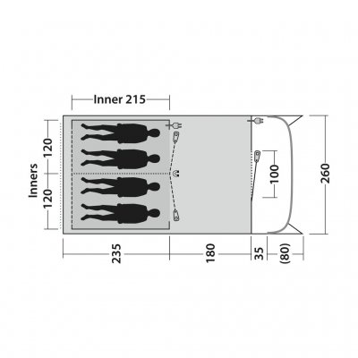 Plantegning for familieteltet Outwell Durango 4. Har to soverom med plass til henholdsvis 2 og 2 personer.