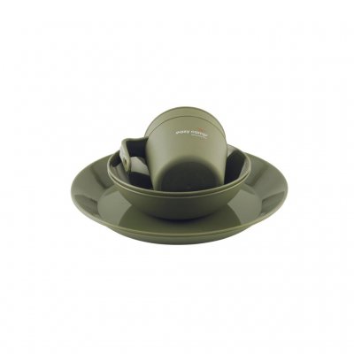 Servisesett for 2 personer med stablebare skåler, tallerkener og kopper.