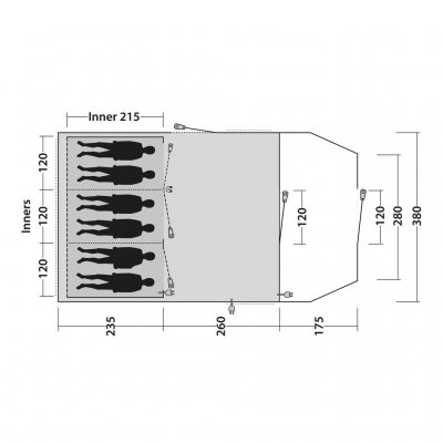 Planløsning for familieteltet Outwell Edmonds 6 TC. Det har tre soverom med plass til 2 personer i hvert soverom.