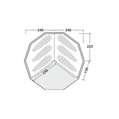 Måttskiss för innertält till Robens Klondike Grande.