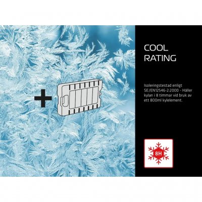 Cool Rating – Isolasjonstestet i henhold til SE/EN12546-2:2000: holder innholdet kaldt i 8 timer ved bruk av et 800 ml kjøleelem